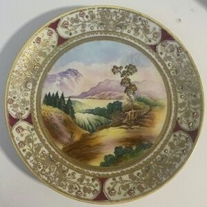 Antique Nippon Hand Painted Mountain Scene Heavy Gold Embossed Trim 11"